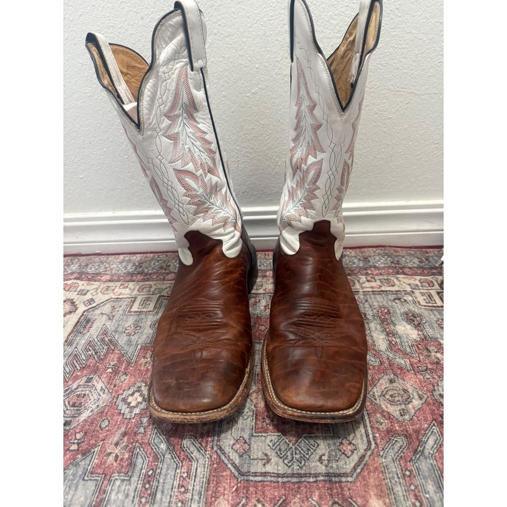 Tony Lama Mens Brown White Leather Square Toe Western Cowboy Boots 11.5 EE